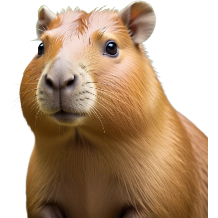 Cinematic Noble Capybara Portrait Emoji, Poised and serene, with a robust, rounded build and a characteristically broad, slightly flattened capybara face featuring a short snout and small, rounded ears, covered in soft, earthy fur with subtle natural texture and gentle, wise eyes; rendered in lifelike detail with natural light, high shine, intelligent and calm, styled with an air of understated authority, focused and attentive, soft glowing outline, capturing the essence of a watchful and confident capybara that appears ready to step out of the screen with effortless dignity! emoji