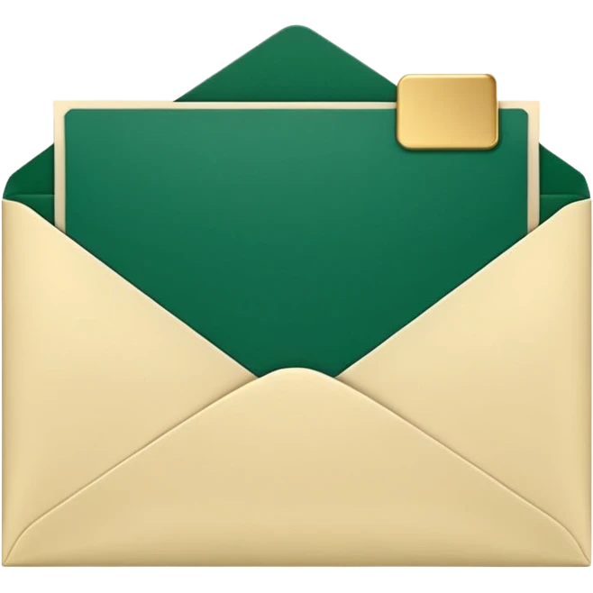 3D minimal open envelope with paper sliding out, matte finish, deep green (#0B3D2C) envelope, cream (#F5F5DC) paper, subtle gold (#C9B037) edge, Apple style, ultra clean, soft shadow, transparent background emoji