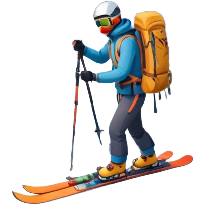 Icon for Mountain Tourism: a snowy mountain peak in the landscape, with skis, a snowboard, an ice axe, a backpack and a camera. The icon should capture the adventure and exploration of mountain landscapes. Transparent background. emoji