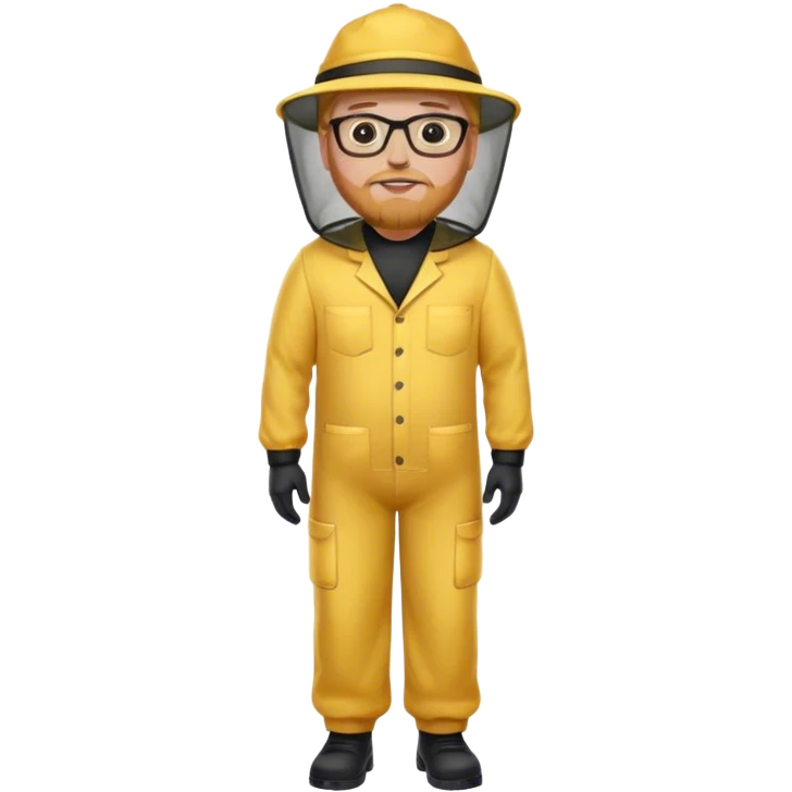 full body medium plus size male bee keeper in yellow and black with short light strawberry blonde hair and goatee wearing glasses with bee keeper hat emoji