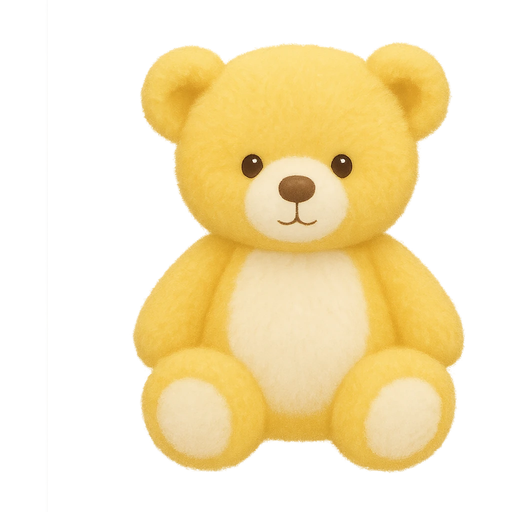 Change the teddy bear's fur to yellow and white, keep it soft and plush, no shadows, flat lighting, no background. The style should maintain the original look of the teddy bear. emoji