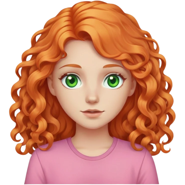 white pale girl with long curly orange hair, green eyes, pink shirt emoji