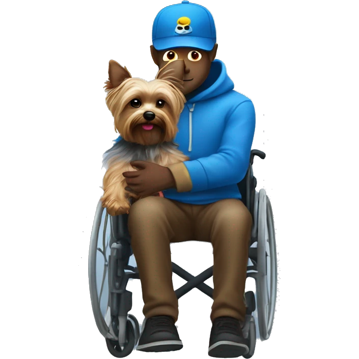 Dark man with blue AF hat on in wheelchair with a Yorkie on his lap emoji
