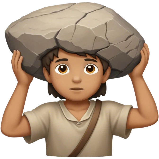 A stone child  carrying a large rock on his shoulders. Real 3D image emoji