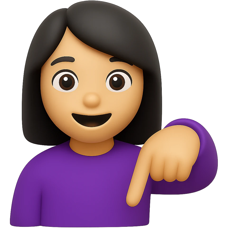 Edit the image of a woman with black hair and a purple shirt, finger pointing down, in the style of 3D emoji. The background should be transparent. The style is inspired by Microsoft style 3D fluent emojis, concise and emoji-like. emoji