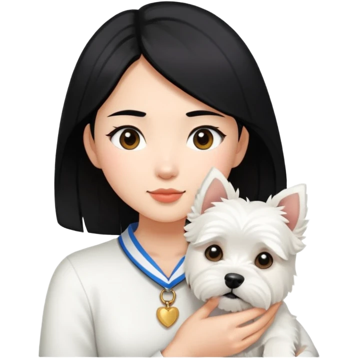 An Asain girl with black hair to her collar bone holding a west highland terrier  emoji