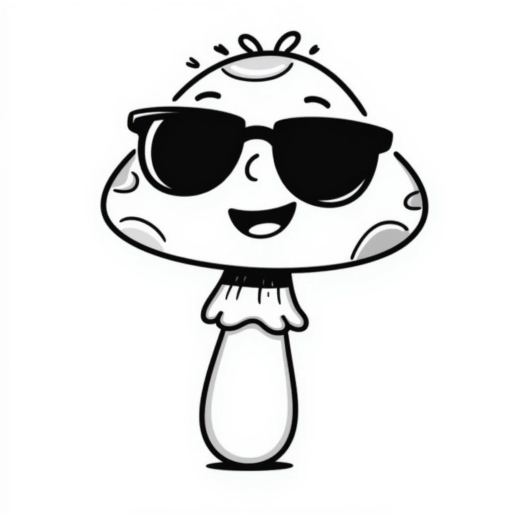 mushroom with sunglasses and a smile, hand drawn doodle style emoji