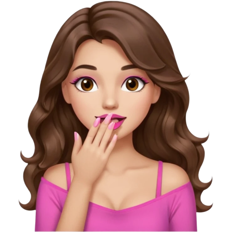 girl with long wavy brown hair, brown eyes, long lashes makeup, sexy pink lips, light to medium complexion, wearing a pink sexy top, sexy, giggling hand covering mouth emoji