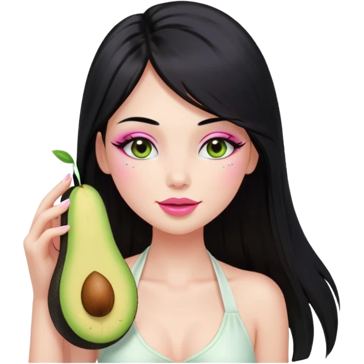 Long black hair with no bangs, straight hair, pretty face. Wearing white halter top. Pink blushed cheeks, long lashes, pin glossy lips. One eyes with wink. One hand with avocado juice.d emoji