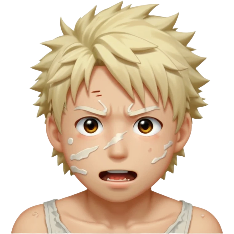 Katsuki Bakugo with his eyes rolled back and his eyebrows tilted back. His face showing physical delight and lust. Just face is flushed  and white glue splattered around his mouth. emoji