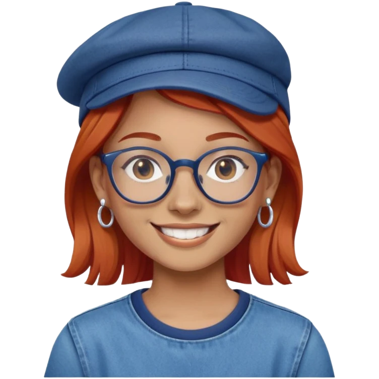 Young person with red hair, glasses, earrings and a wonderful smile, wearing blue clothes, jeans and a cap emoji