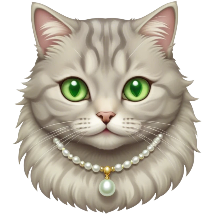 fluffy light grey tabby cat with green eyes, white tummy, and a pearl necklace  emoji