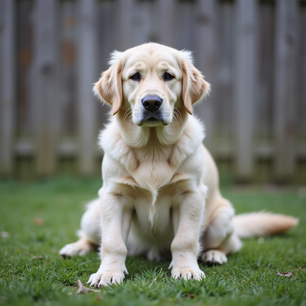 adult english cream golden retriever sitting on grass, facing camera, fence in the background emoji