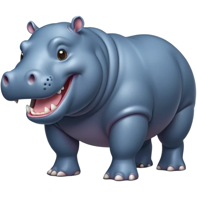 cinematic-hippo-realistic-full-body-side-view-standing-on-all-fours-emoji,-massive-round-frame,-wide-mouthed-grin-exposing-huge-teeth,-head-tilted-dramatically,-thick-greyish blue-hide-glossy, big cute eyes emoji