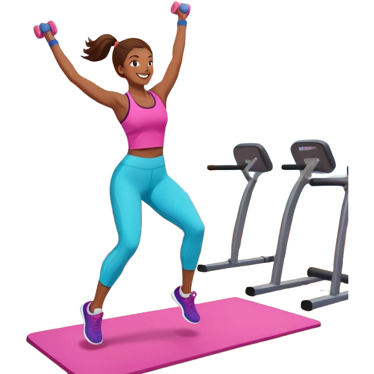 An energetic person performing an aerobics workout in a brightly lit gym, jumping and stretching with enthusiasm. The scene includes vibrant fitness equipment like dumbbells and exercise mats, with a background of cheerful, motivating colors, conveying energy and movement. emoji