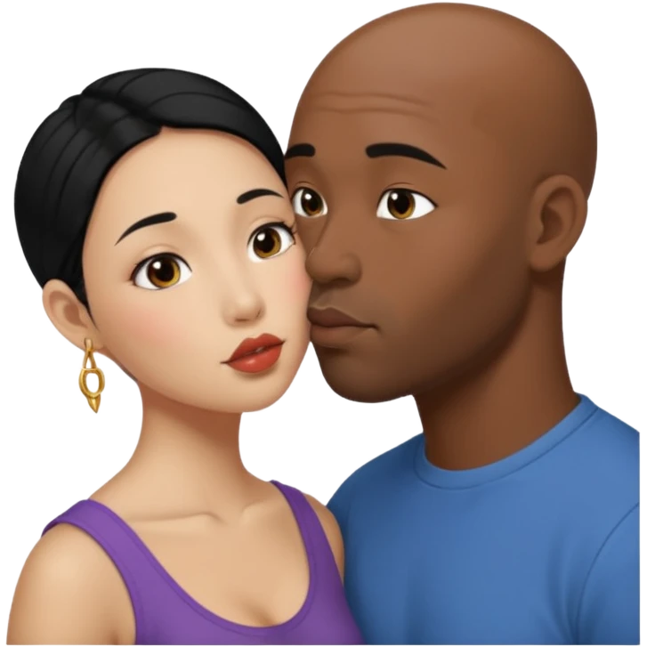 Bald black man with short beard deeply kissing each other. She is a short younger looking asain women. She has long black hair and a nose ring emoji