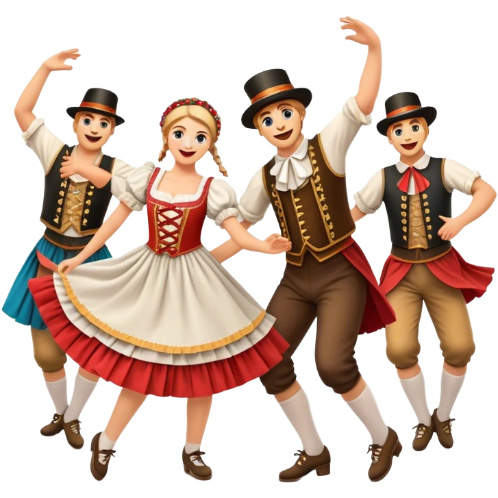 Cinematic Realistic Schuhplattler Dance Emoji, depicted as a lively traditional folk dance scene with performers in authentic Bavarian costumes, rendered with dynamic textures and festive natural lighting that captures the spirit of rural celebration. emoji