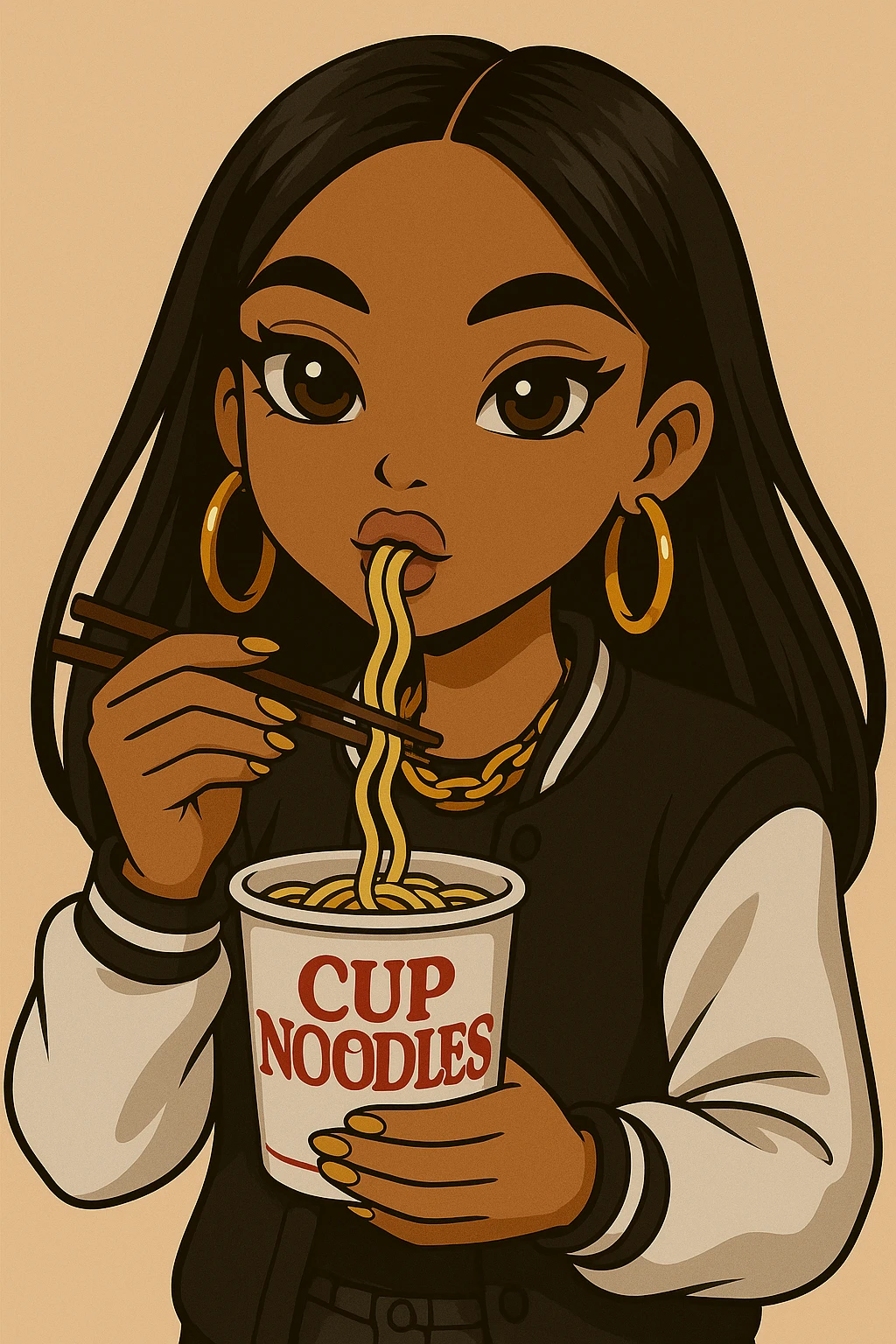 Remove any winking, keep both eyes open, eating a cup of noodles with chopsticks, headshot only, 20-year-old anime Bratz style woman with dark skin, straight hair, trendy outfit, big expressive eyes, glossy lips, no hat, no tears, happy expression, looking straight ahead. Maintain the anime Bratz style and the described features. emoji