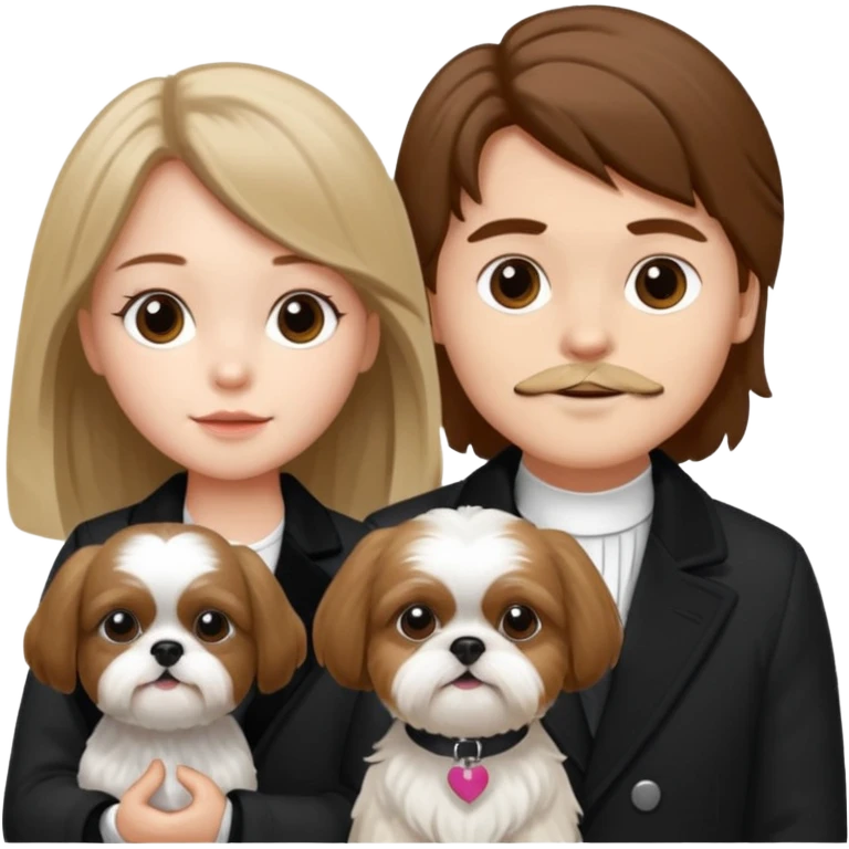 A couple boy with nice brown hair  and beautiful girl with long dark blond hair and with two shih tzu dogs with  black and white coat emoji