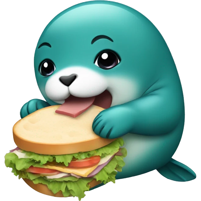 teal-coloured seal eating a sandwich emoji