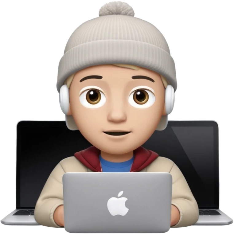 Apple Memoji–style 3D avatar, front-facing, centered.
Young male wearing a dark beanie and white AirPods, behind a silver laptop.
Big expressive eyes, smooth cartoon skin, soft lighting, white background, high quality. emoji