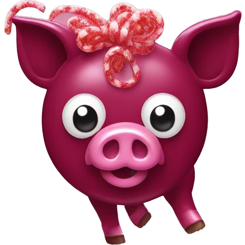 Sparkling Pig made of maroon sparkling sour candy laces andc sweets walking covered in sugar  emoji