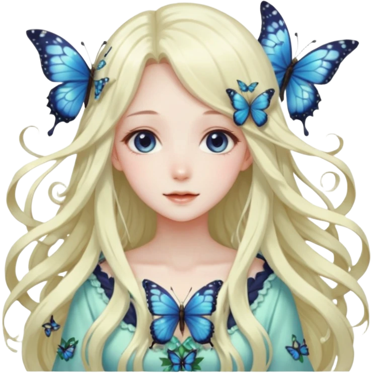 gorgeous shiny anime lady with butterflies and beautiful hair fairycore cottagecore high quality detailed emoji