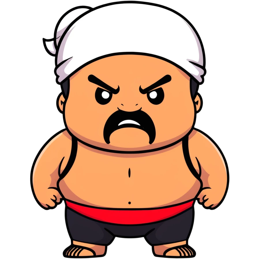 Extreme close-up of face of morbidly obese white skin guy with young face, prominent BLACK DURAG tied clearly on head, black beard but no mustache, clean shaven upper lip, black eyes in a red and black wrestling singlet with angry expression emoji