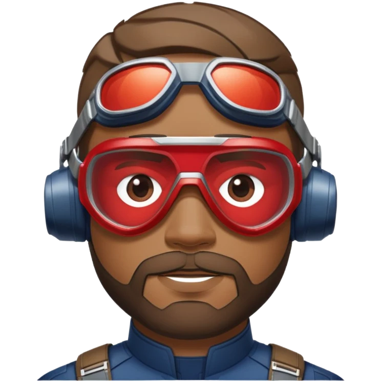 sam wilson with  short, neatly cropped and a well-groomed beard that connects to his mustache,  wear sleek, red-tinted tactical goggles fit snugly from captain america: civil war emoji