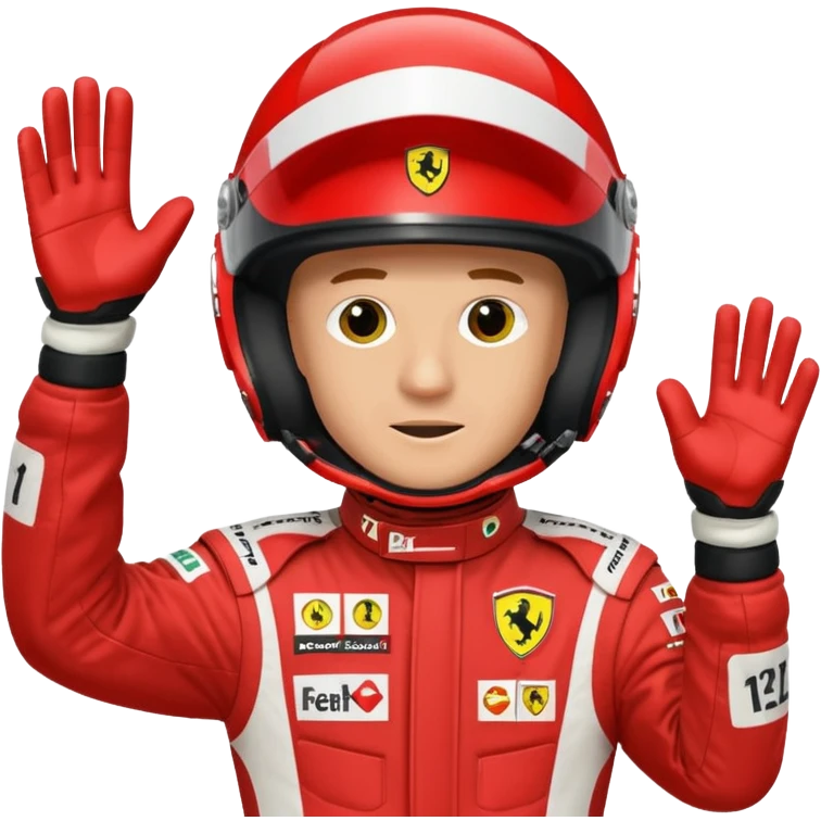 Michael Schumacher in Ferrari F1 2004 suit, waving, holding helmet, red racing suit with white accents, emoji style emoji