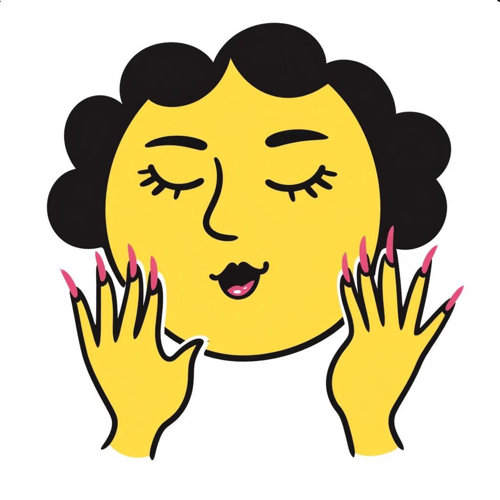 yellow face nodding, closed eyes with false lashes, full lips, hands with pink-painted long nails emoji
