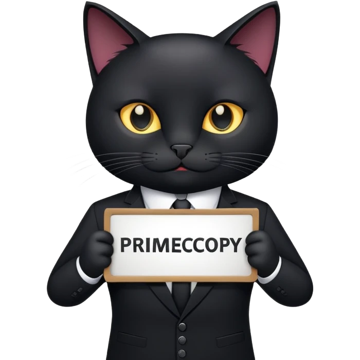 A black cat in a black business suit holds a sign that says "PrimeCopy" emoji