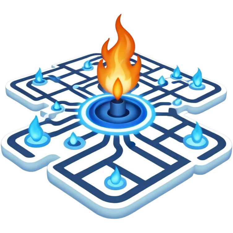 a map with a glowing blue flame on the x and networking paths emoji