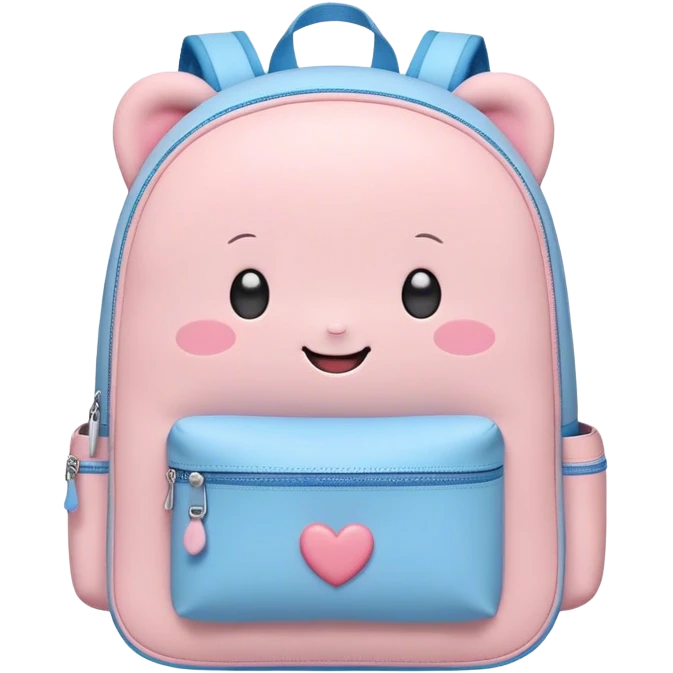 Cute Kawaii Backpack, round and chubby, soft pastel pink and blue, tiny heart-shaped zippers, blushing cheeks, a tiny smiling face, a happy school-time companion! emoji