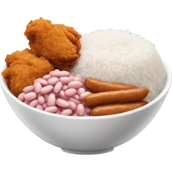 bowl with white rice, pink beans and fried chicken drums emoji