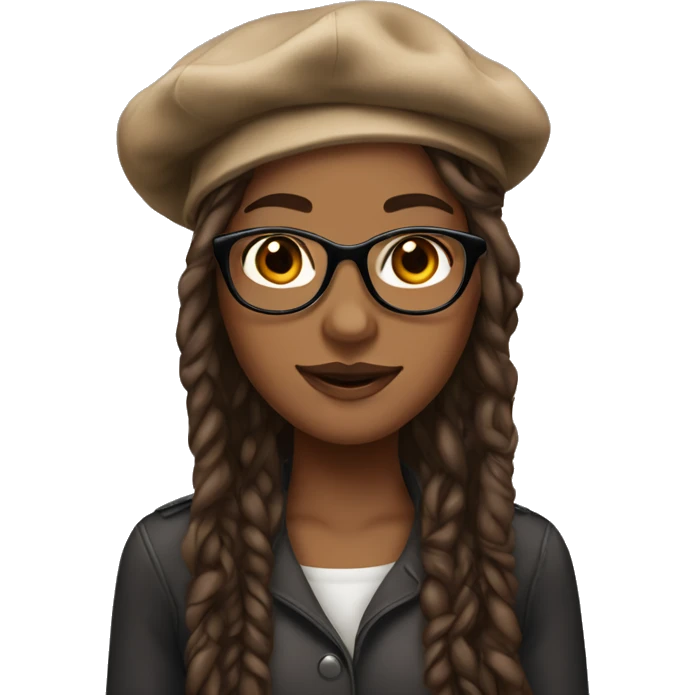 Beautiful brown skin woman with brown eyes, long locs, wearing glasses and a beret  emoji