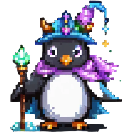 penguin wizard with magical sparkles, a unicorn, fairy, and tiny goblin companion in a pixelated fantasy world emoji
