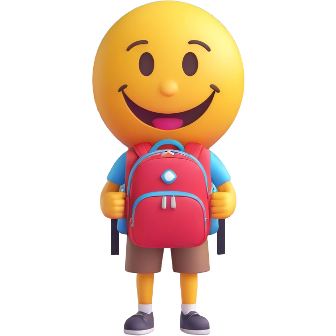 3D smiley emoji, round shape, student with backpack in front of university building, yellow color, smiling face emoji