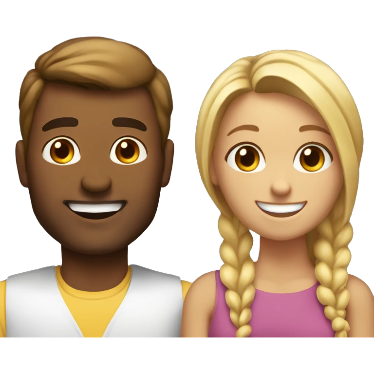 Woman and man smiling, woman has straight Brown hair in a ponytail, slightly sunkissed skin, man has blonde long hair which are in a ponytail, slightly sunkissed skin emoji