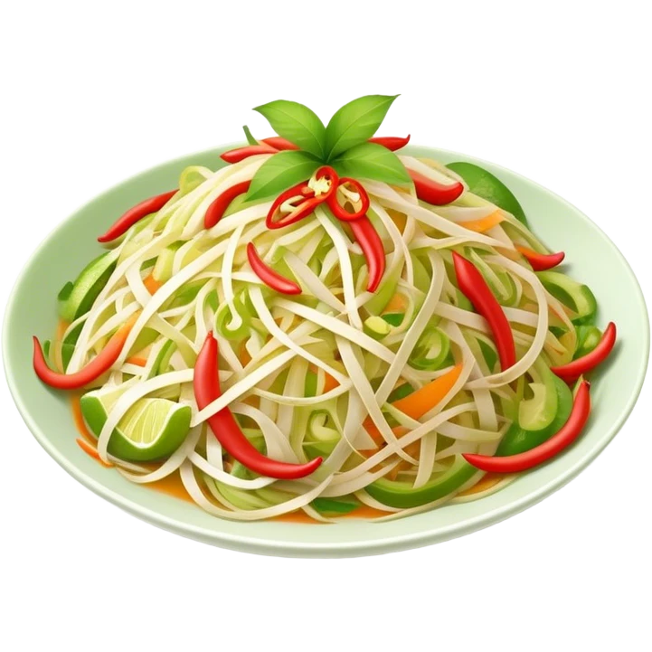 Cinematic Realistic Som Tam (Papaya Salad) Dish Emoji, featuring a spicy, tangy salad of shredded green papaya with chili and lime rendered with crisp textures and bright, lively lighting. emoji