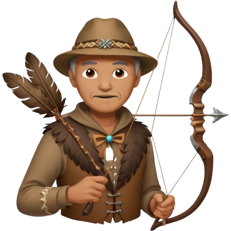 The classic image of a middle-aged uncle hunter carrying a bow, dressed in brown clothes, with some ornaments made of feathers, bones or teeth on his body. emoji