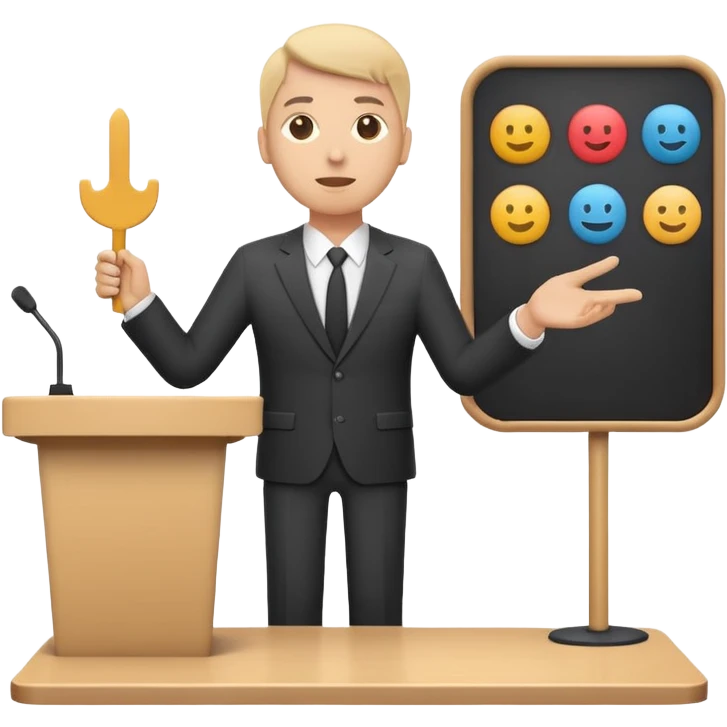 A minimal flat emoji-style icon of a person giving a presentation, standing behind a simple podium, front-facing, clean vector style, rounded shapes, no facial details, solid single color, white background, modern startup pitch deck icon emoji
