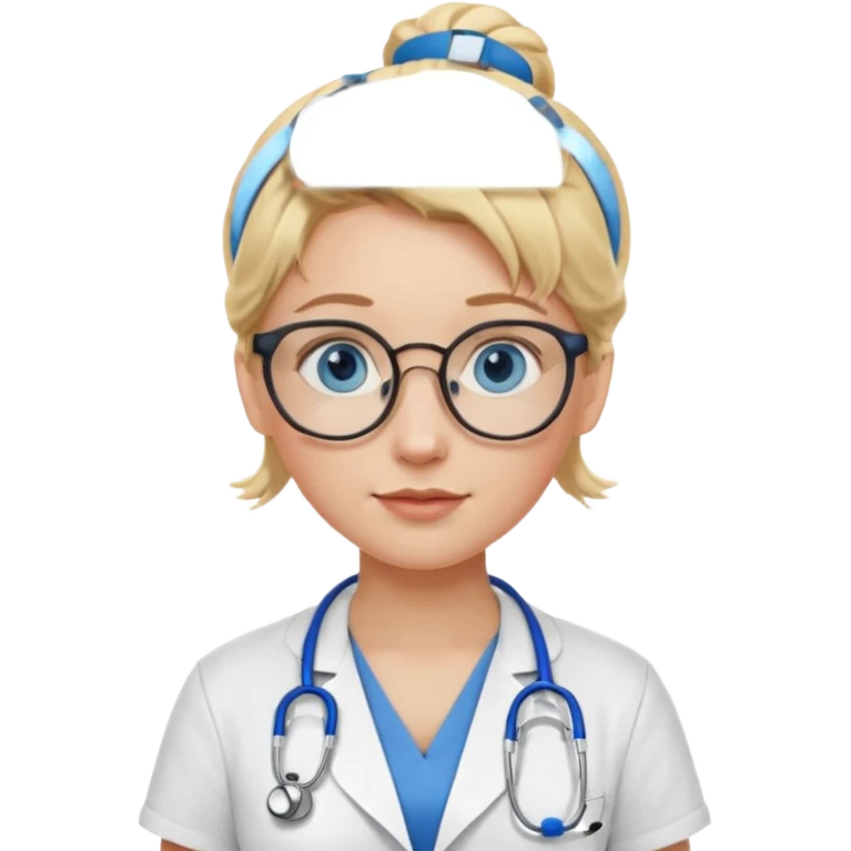 Blonde hair with two buns, blue eyes, stethoscope, and glasses emoji