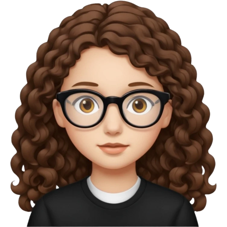 white teen girl with long brown curls, hazel eyes, and black frame glasses emoji