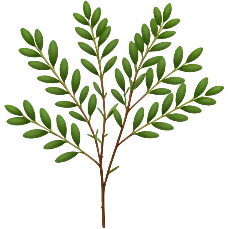 small sprig of fresh thyme, slender woody stems, clusters of tiny deep green oval leaves, dense and paired, crisp and delicate texture, aromatic freshness, soft lighting, subtle shadows, emoji scale emoji