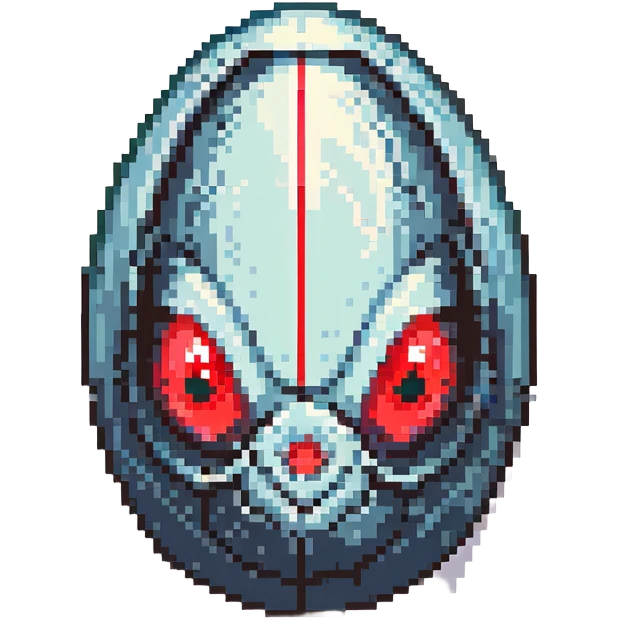 a strange large transparent alien egg, floating inside with a visible creature inside, embryo, embryonic, fetal shape, primordial, early growth, 3 glowing red eyes, illuminated from above, shining glass egg emoji