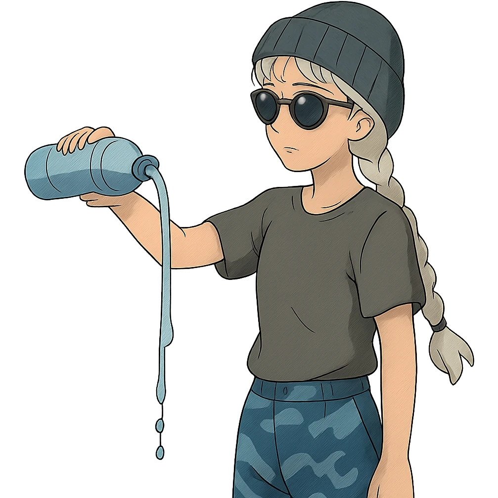1 female, long white braid, knit cap, dark sunglasses, GRAY T-SHIRT, blue camo pants, POURING OUT A WATER BOTTLE emoji
