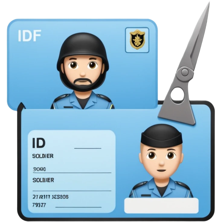 black Scissors cutting a light blue idf soldier ID card in 2 parts .hyper realistic emoji