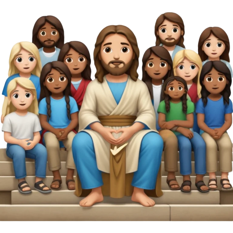 Jesus sitting on city steps, talking to a group of young people from various backgrounds emoji