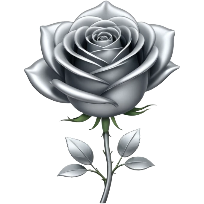 A rose emoji made of liquid silver metal, smooth metallic petals, reflective chrome surface, soft gradients, elegant shape, minimalistic iOS emoji style, centered, clean white background, realistic highlights, no text emoji